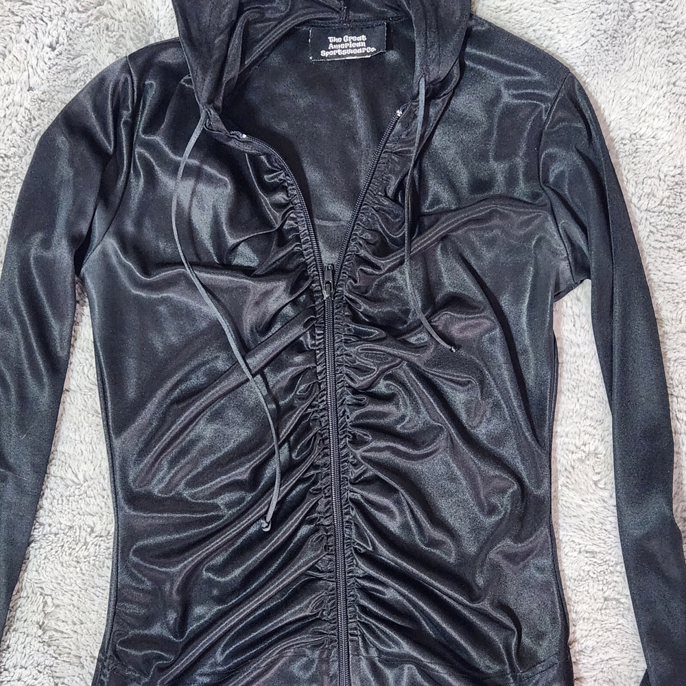 Black Ruched Zip-Up Jacket With Hood